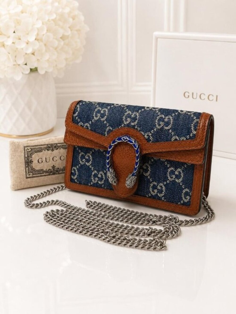 Authentic Gucci Dionysus Super Mini Denim GG Chain Wallet Blue Brown